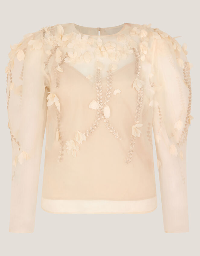 Gwen Floral Appliqué Organza Top, Cream (CREAM), large