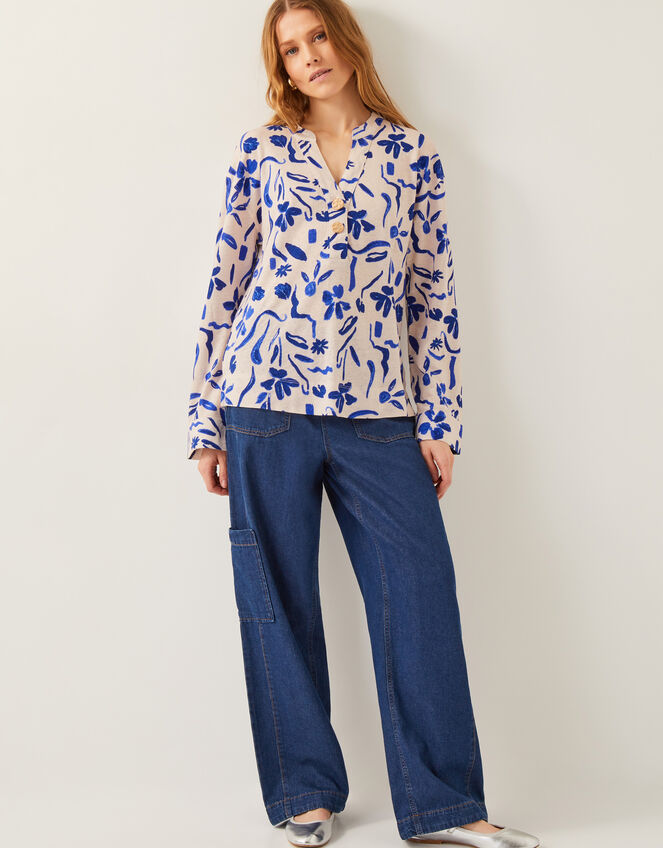 Ulla Floral Linen-Blend Top, Ivory (IVORY), large