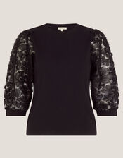 Flavia Sheer Appliqu&eacute; Sleeve Jersey Top, Black (BLACK), large