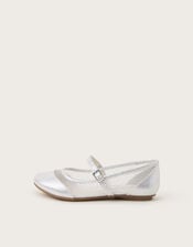 Metallic Mesh Strap Ballet Flats, Silver (SILVER), large