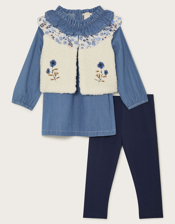 Baby 3-Piece Gilet Blouse and Leggings Set, Blue (BLUE), large