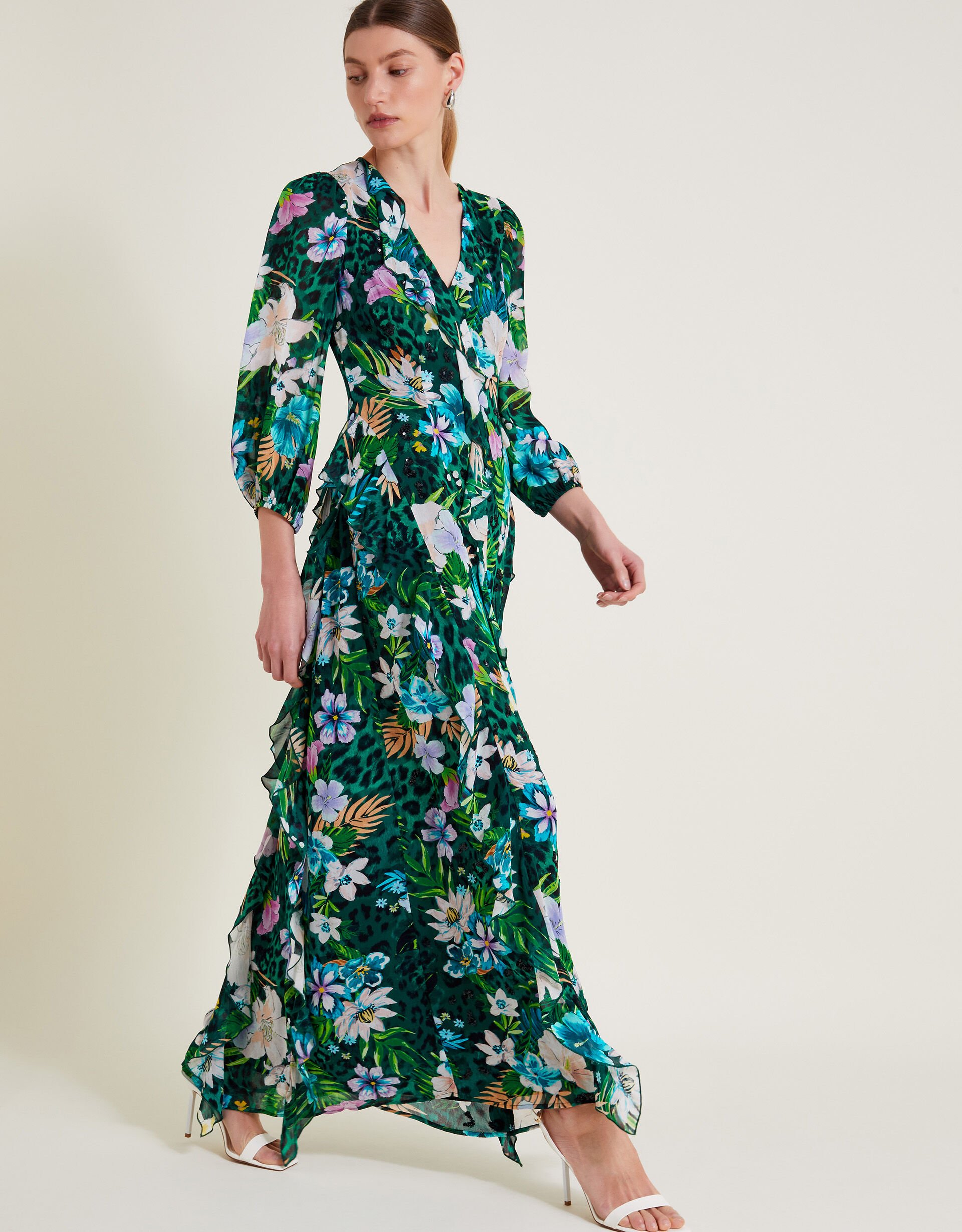 Ani Floral Ruffle Dress Green Evening Dresses Monsoon UK
