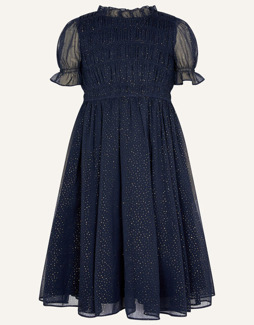 Shirley Shirred Chiffon Dress, Blue (NAVY), large