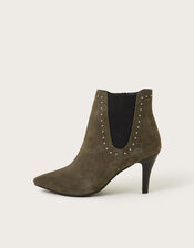 Oriana Suede Stud Heeled Boots, Green (OLIVE), large