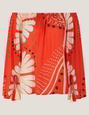 Nara Print Bardot Top, Orange (RUST), large