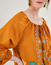 Embroidered Flower Tunic Top in Linen Blend, Yellow (YELLOW), large