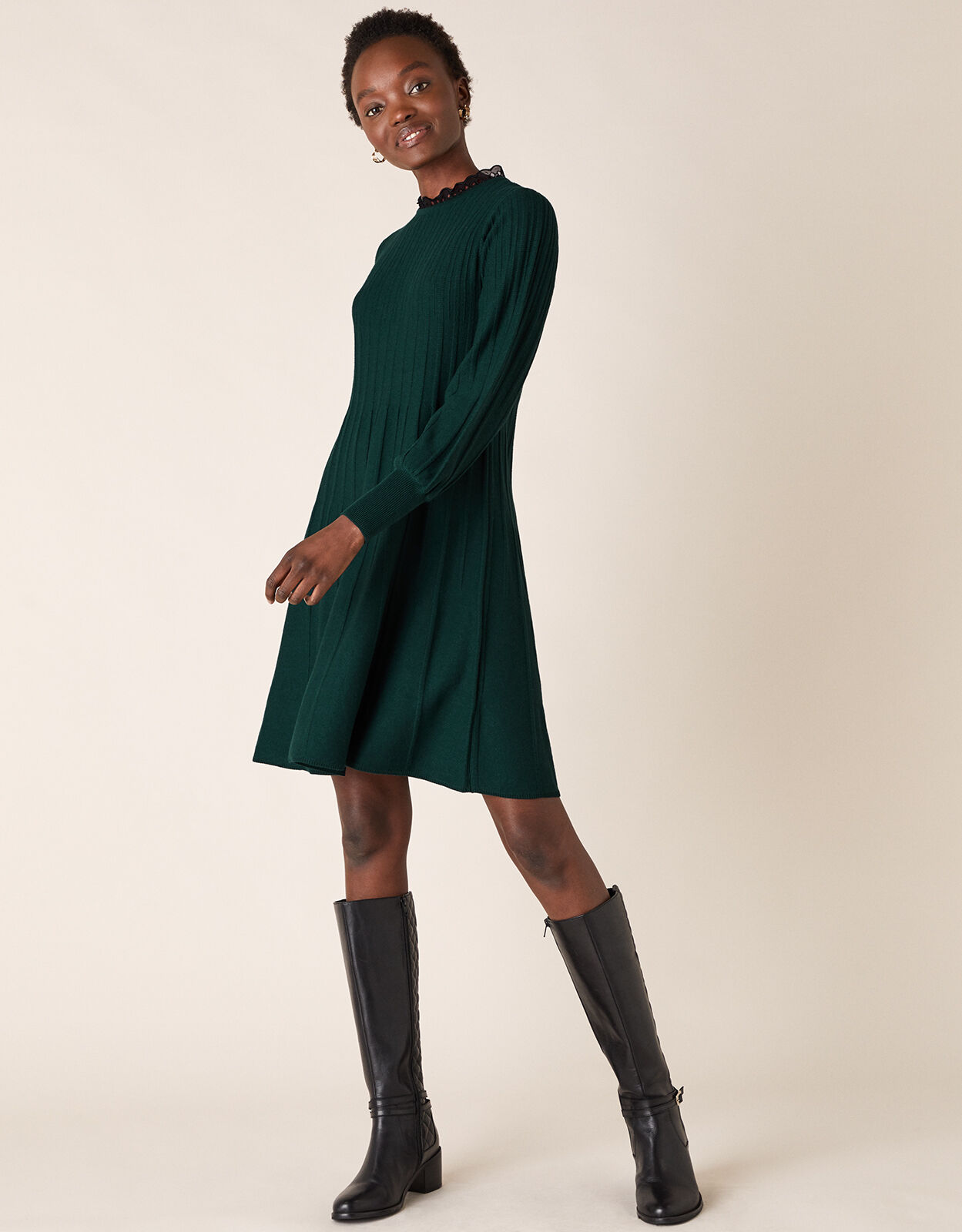 Woven Neckline Knit Dress Green