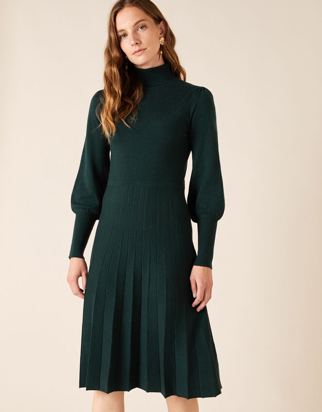 Pointelle Yoke Knit Dress with Recycled Fabric, Green (DARK GREEN), large