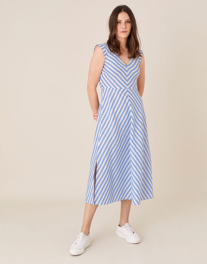 Stripe Midi Dress in Linen Blend, Ivory (IVORY), large