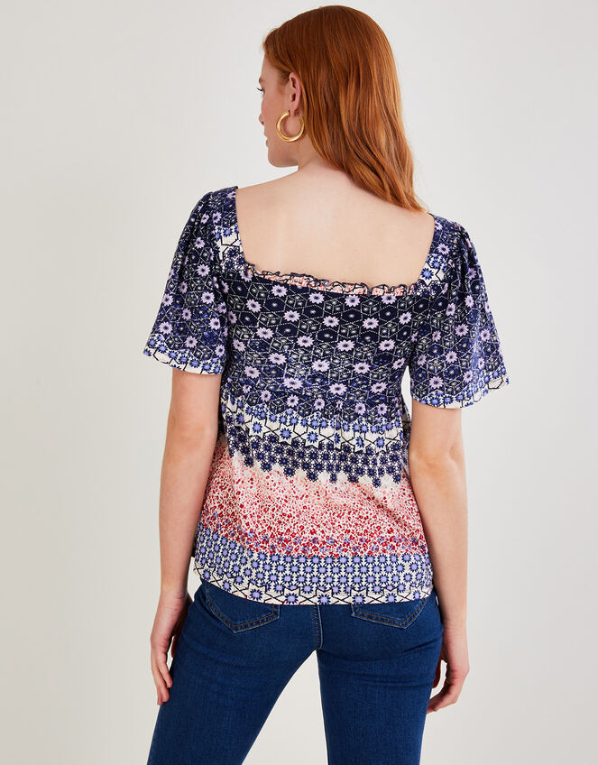 Floral Printed Shirred Jersey Top with Sustainable Cotton, Blue (BLUE), large
