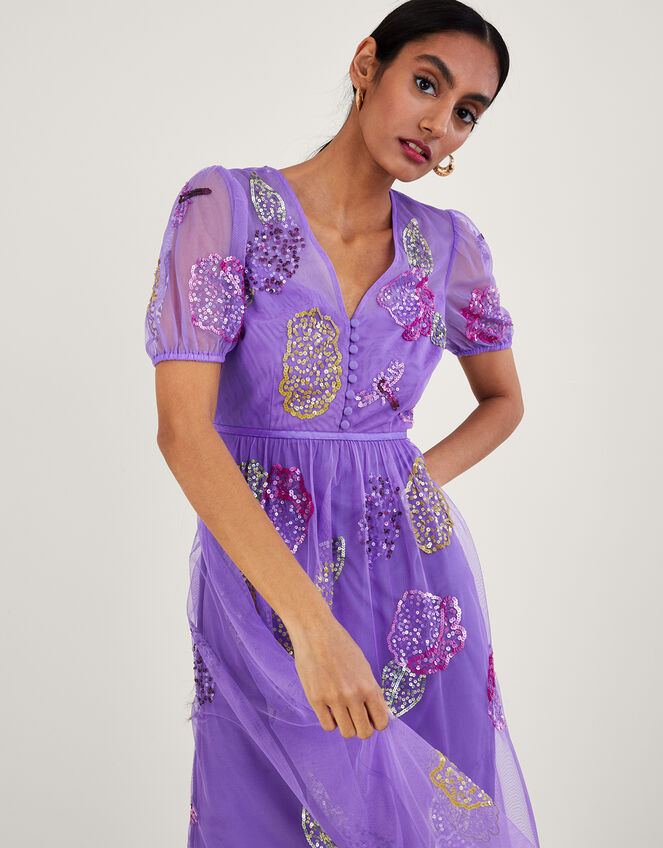 Diana Embellished Tea Dress in Recycled Polyester, Purple (LILAC), large