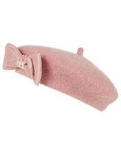 Jaime Pearly Bow Beret in Wool Blend, Pink (PINK), large