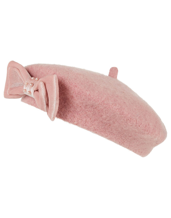Jaime Pearly Bow Beret in Wool Blend, Pink (PINK), large