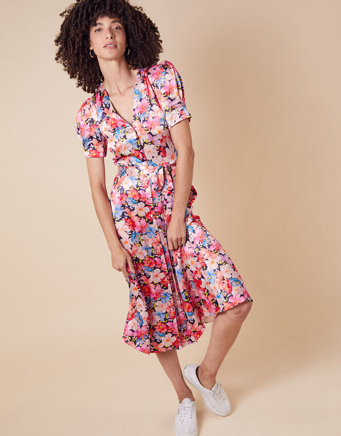 Faith Floral Print Satin Shirt Dress, Blue (NAVY), large