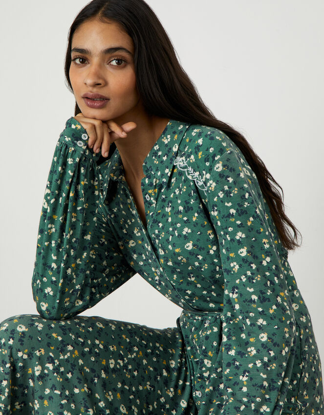 Floral Print Embroidered Shirt Dress, Green (GREEN), large