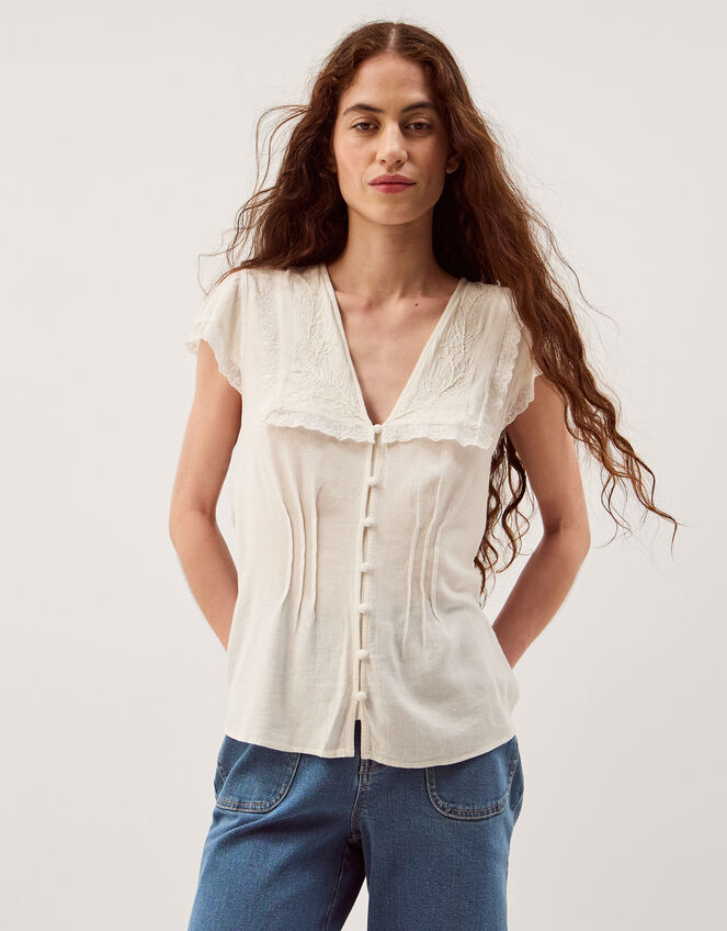 Frannie Square Collar Linen Blend Top, Ivory (IVORY), large