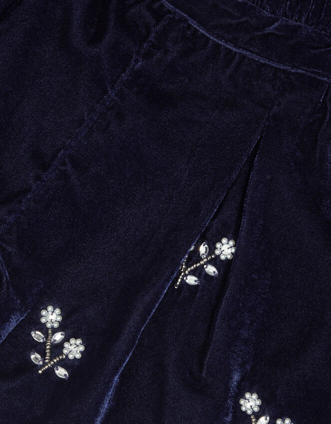 Flower Embellished Velvet Shorts, Blue (NAVY), large