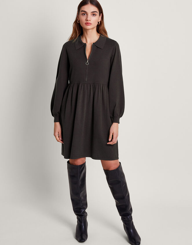Zelda Zip Collar Mini Dress, Grey (CHARCOAL), large