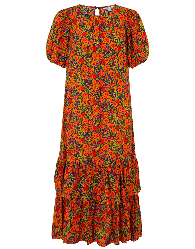 Romana Floral Tiered Hem Midi Dress, Orange (ORANGE), large