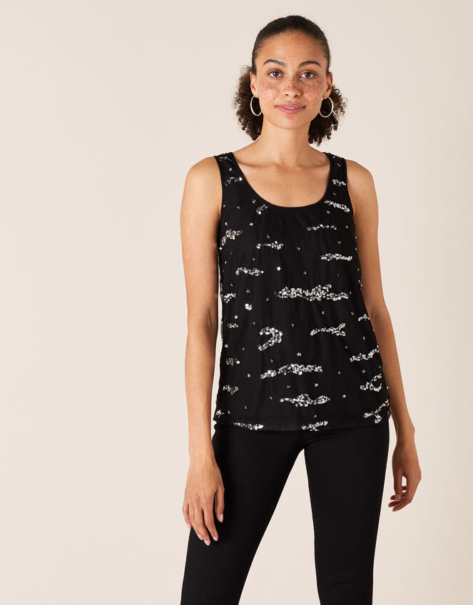 Tara Embellished Stretch Sleeveless Top, Black (BLACK), large