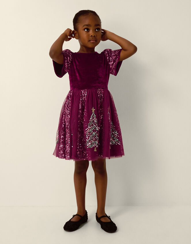 Christmas Tree Sequin Velvet Party Dress, Red (BURGUNDY), large
