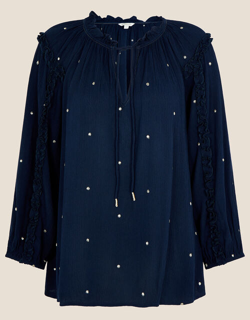 Embellished Dot Long Sleeve Blouse, Blue (NAVY), large