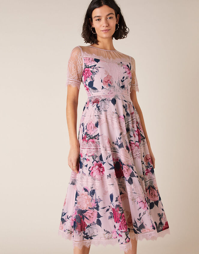 Millicent Floral Print and Lace Dress, Nude (NUDE), large