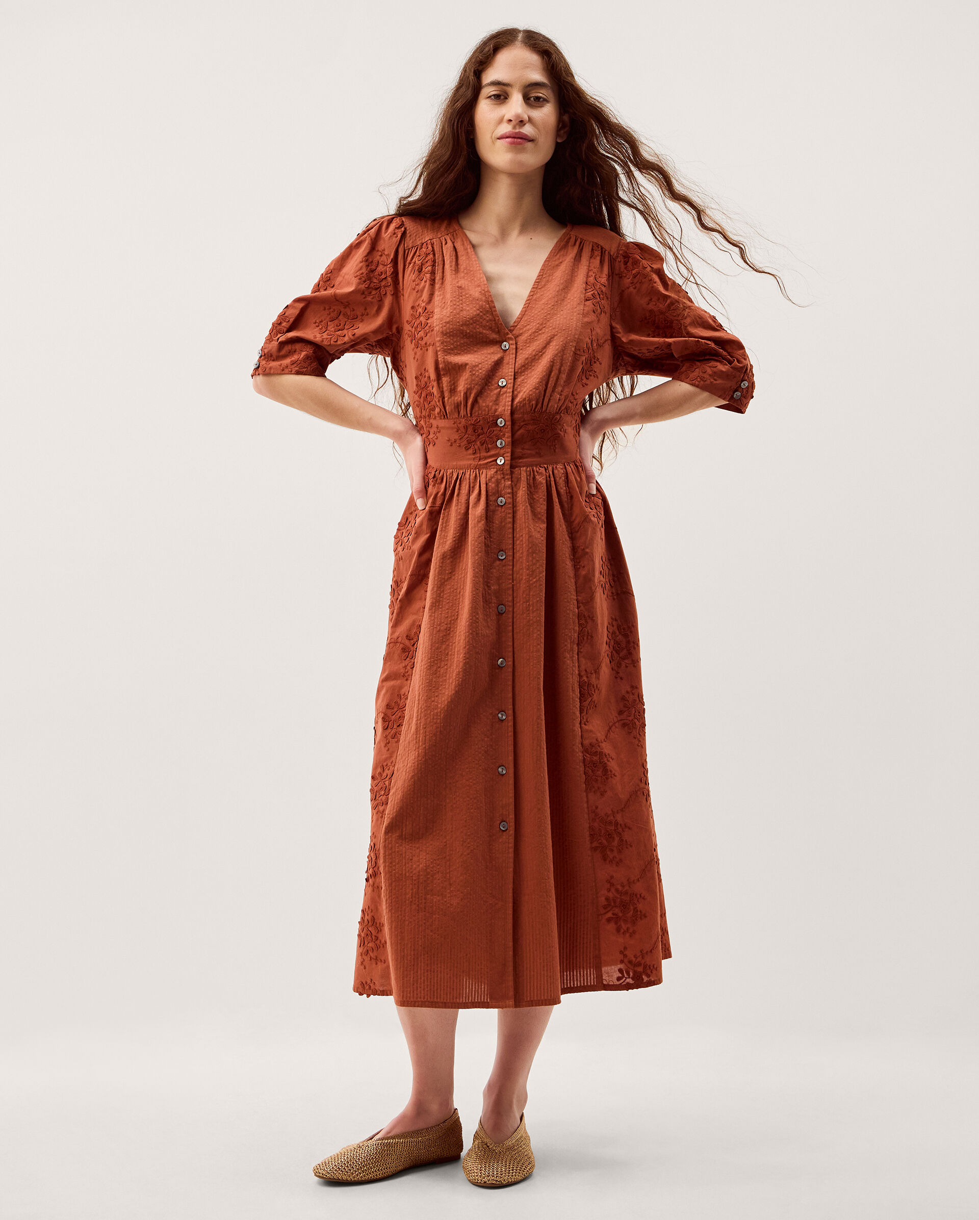 Harika Floral Embroidered Midi Dress Brown
