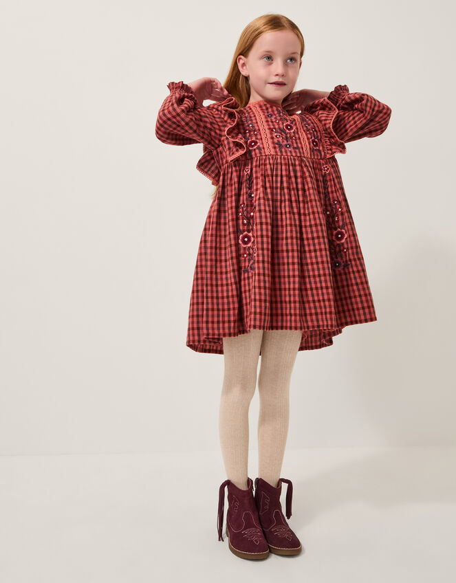 Floral Embroidered Check Dress, Brown (BROWN), large