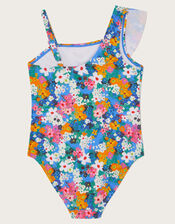 Asymmetrical Frill Floral Swimsuit, Blue (BLUE), large