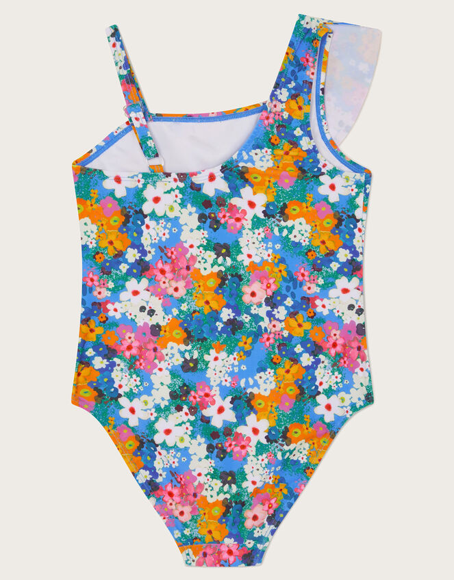 Asymmetrical Frill Floral Swimsuit, Blue (BLUE), large