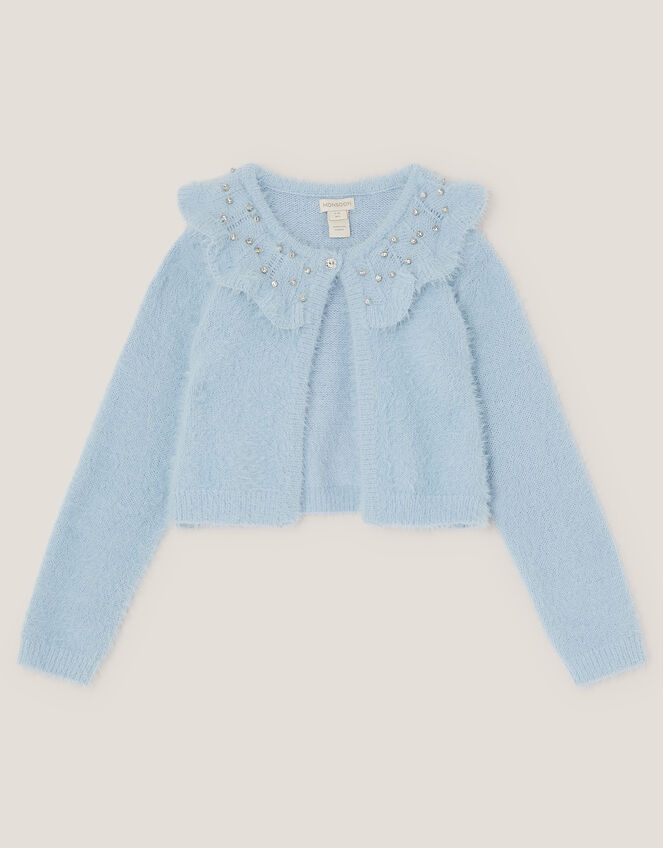 Embellished Collar Fuzzy Cardigan, Blue (BLUE), large