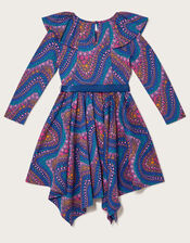 Wave Print Long Sleeve Jersey Dress, Blue (BLUE), large