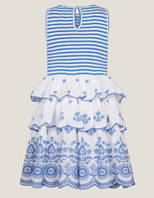 Broderie Stripe Tiered Dress, Blue (BLUE), large