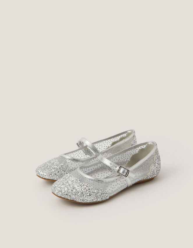 Glitter Mesh Ballet Flats, Silver (SILVER), large