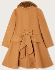 Bustle Back Bow Coat with Faux Fur Collar, Camel (CAMEL), large