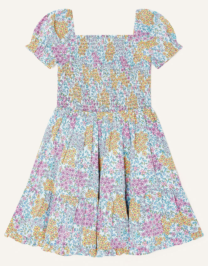 Patchy Floral Shirred Dress, Blue (BLUE), large