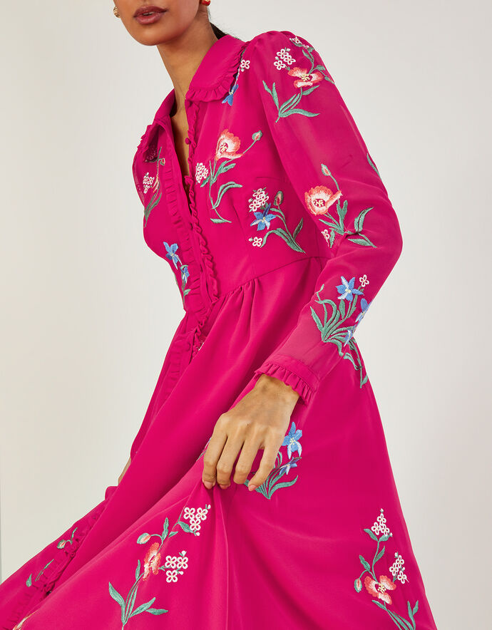 Mara Embroidered Shirt Dress in Recycled Polyester Pink Evening Dresses Monsoon UK.