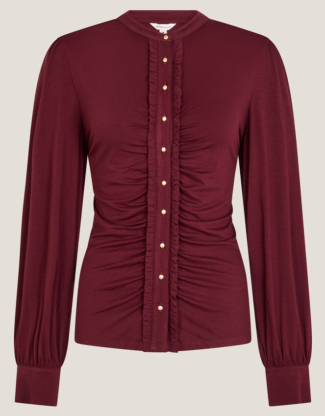 Jayne Ruched Frill Jersey Blouse, Red (BURGUNDY), large