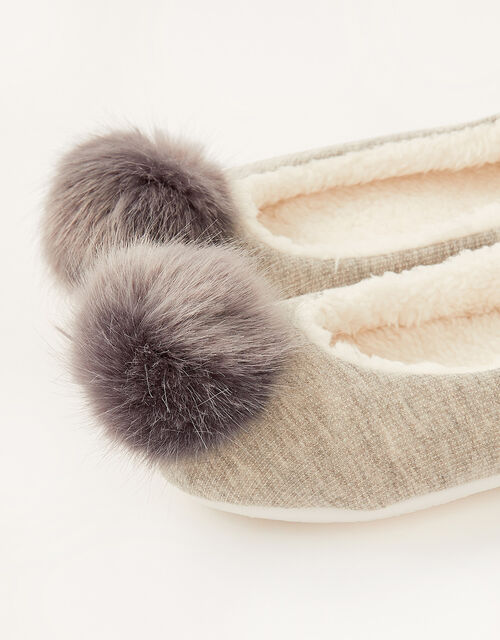 Fluffy Pom-Pom Ballerina Slippers, Grey (GREY), large
