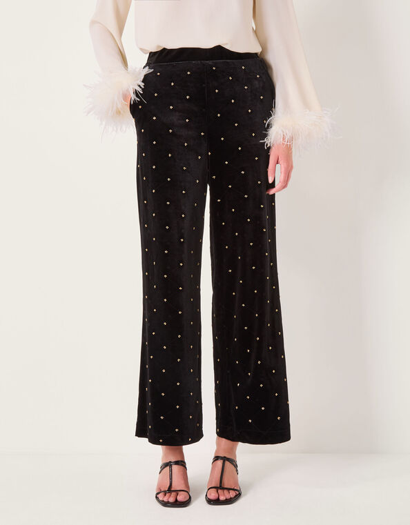 Emma Embellished Velvet Wide Leg Trousers, Black (BLACK), large