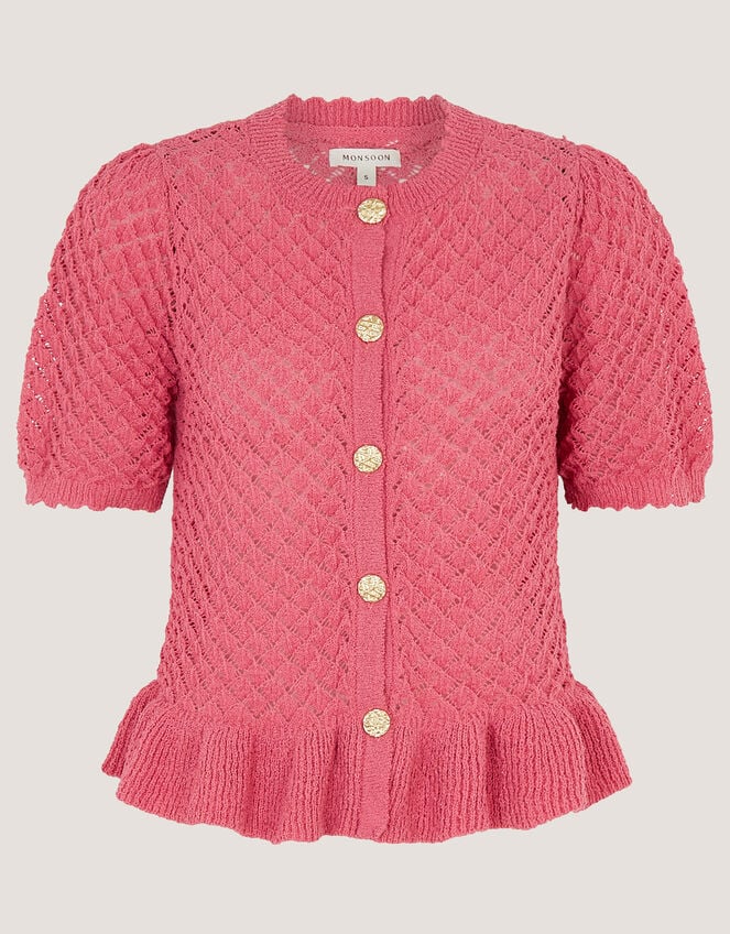 Shea Short Sleeve Ruffle Knit Cardigan, Pink (PINK), large