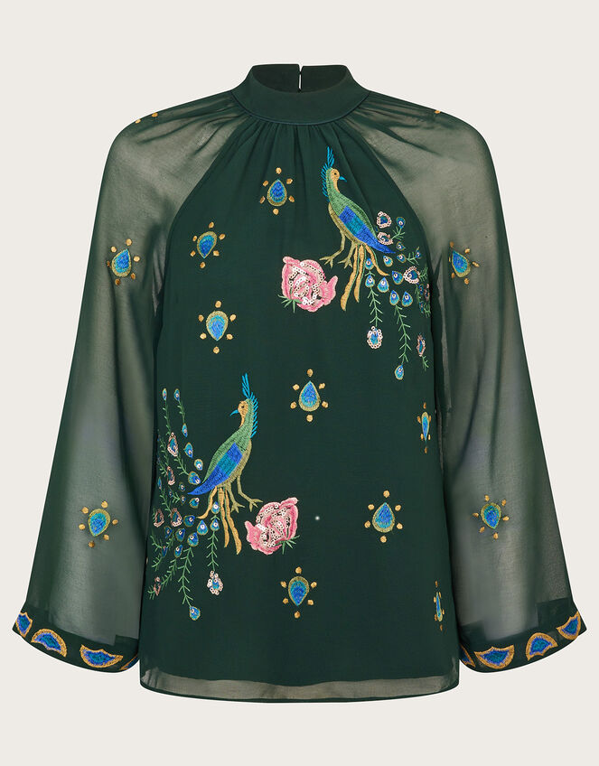 Perla Peacock Embellished Blouse, Green (DARK GREEN), large