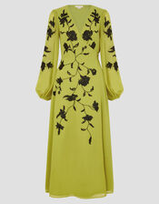 Willa Floral Embroidered Midi Wrap Dress, Green (CHARTREUSE), large