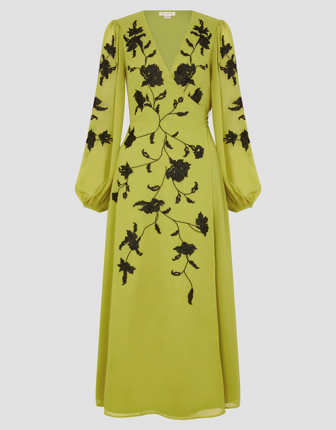 Willa Floral Embroidered Midi Wrap Dress, Green (CHARTREUSE), large