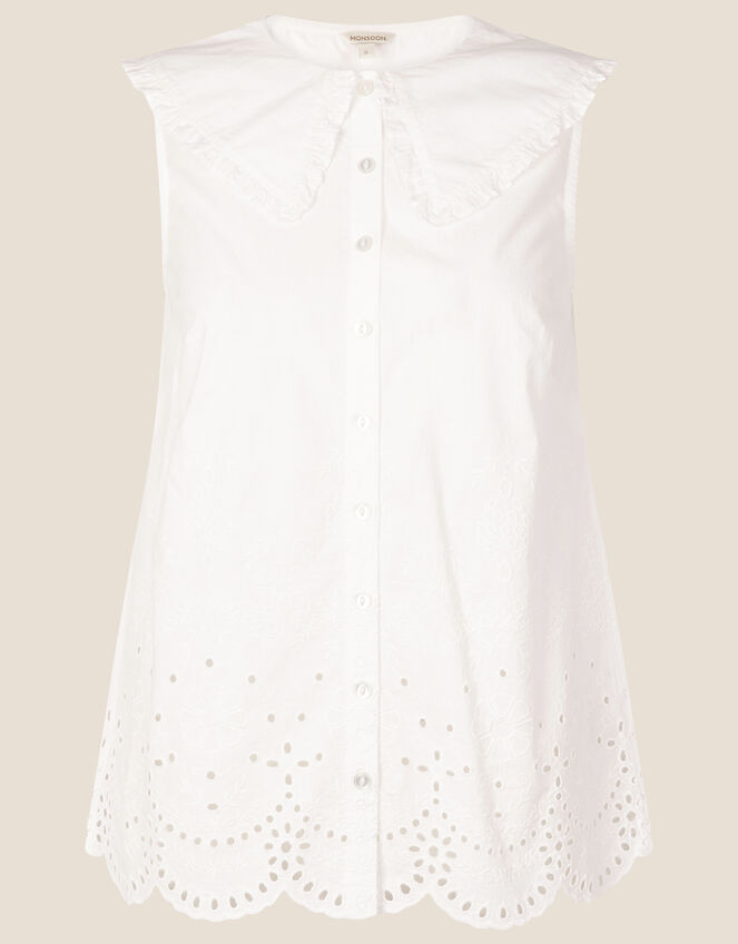 Sleeveless Broderie Blouse, White (WHITE), large