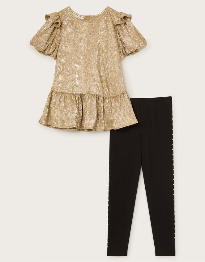Metallic Frilly Tunic Top and Leggings Set, Gold (GOLD), large