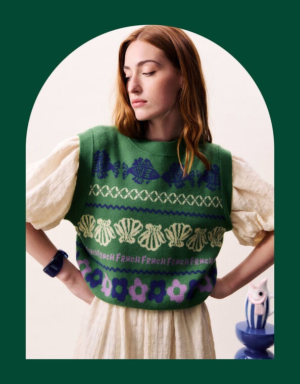 FRNCH Johan Fish Knit Vest, Green (GREEN), large