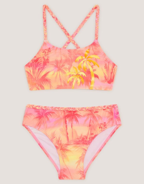 Palm Print Braided Bikini Set, Orange (ORANGE), large