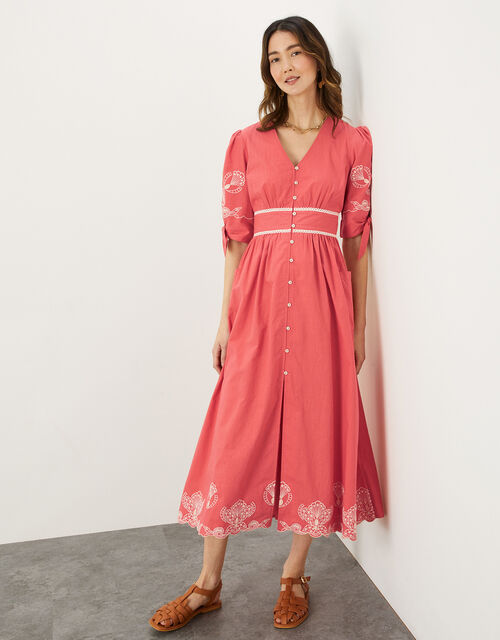 Cut-Out Embroidered Schiffli Dress in Sustainable Cotton, Orange (CORAL), large
